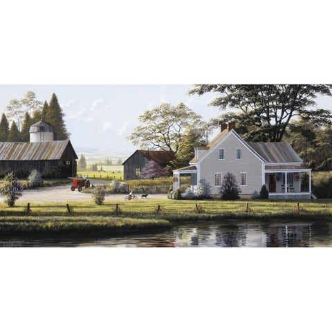 The Red Tractor White Modern Wood Framed Art Print by Saunders, Bill