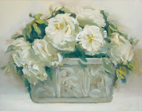 White Roses in Planter Black Ornate Wood Framed Art Print with Double Matting by Dern, Andrea