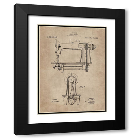 Patent Document of a Sewing Machine Black Modern Wood Framed Art Print with Double Matting by CAG