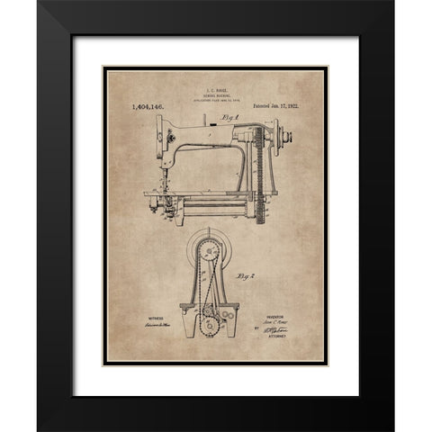 Patent Document of a Sewing Machine Black Modern Wood Framed Art Print with Double Matting by CAG