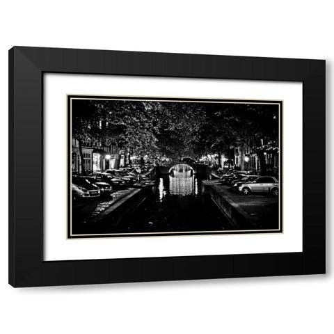 B and W Canal at Night I Black Modern Wood Framed Art Print with Double Matting by Berzel, Erin