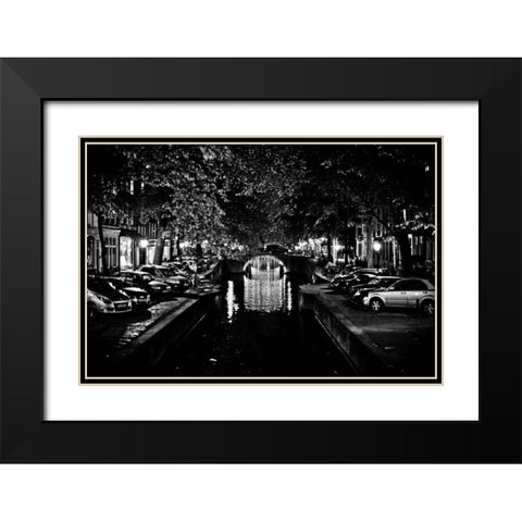 B and W Canal at Night I Black Modern Wood Framed Art Print with Double Matting by Berzel, Erin