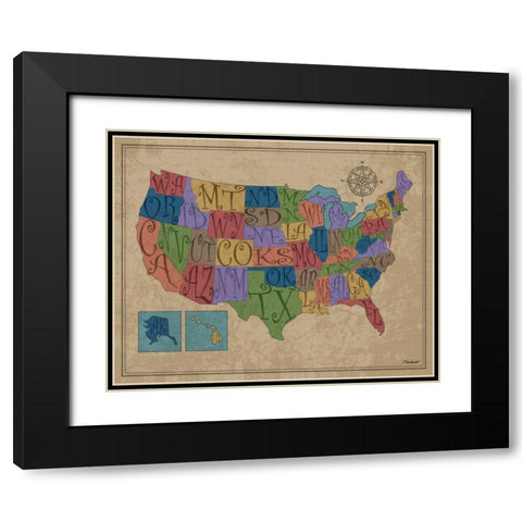US Map Black Modern Wood Framed Art Print with Double Matting by Williams, Todd