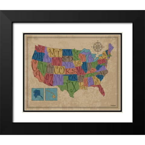 US Map Black Modern Wood Framed Art Print with Double Matting by Williams, Todd