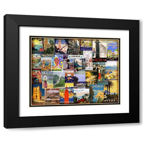 World City Tour Collage Black Modern Wood Framed Art Print with Double Matting by Art Licensing Studio