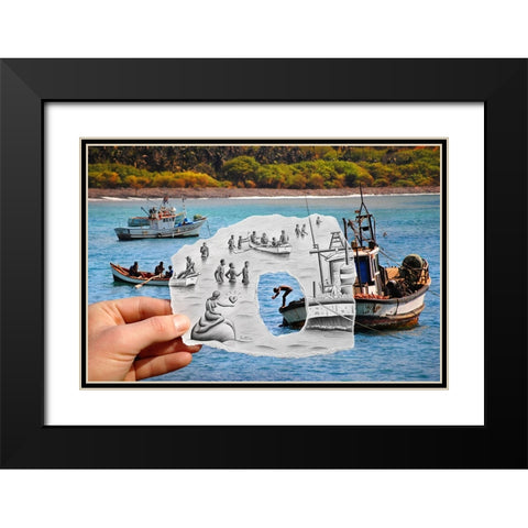 Pencil vs Camera - Boats and Swimmers Black Modern Wood Framed Art Print with Double Matting by Heine, Ben