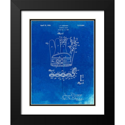 PP272-Faded Blueprint Denkert Baseball Glove Patent Poster Black Modern Wood Framed Art Print with Double Matting by Borders, Cole