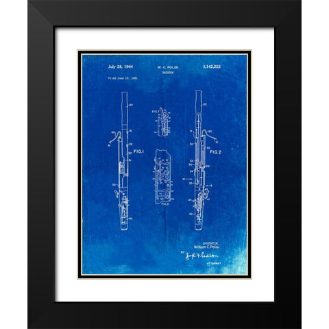 PP392-Faded Blueprint Bassoon Patent Poster Black Modern Wood Framed Art Print with Double Matting by Borders, Cole