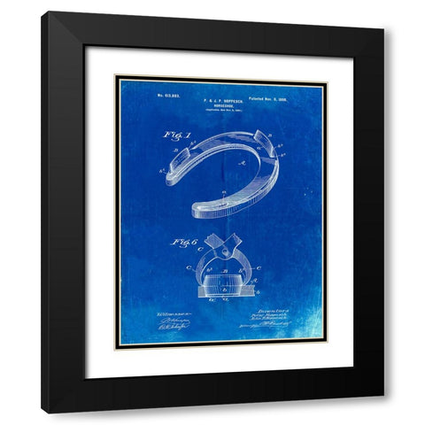 PP523-Faded Blueprint Horseshoe Patent Poster Black Modern Wood Framed Art Print with Double Matting by Borders, Cole