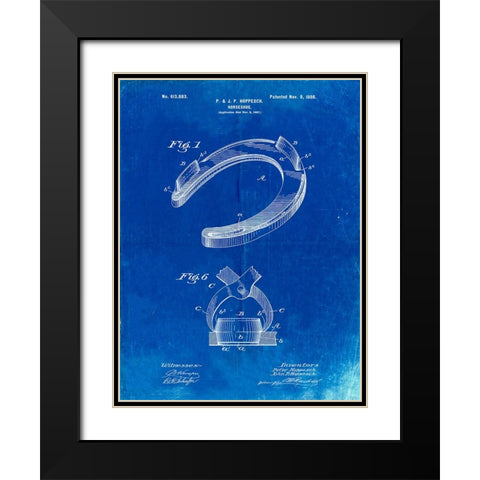 PP523-Faded Blueprint Horseshoe Patent Poster Black Modern Wood Framed Art Print with Double Matting by Borders, Cole