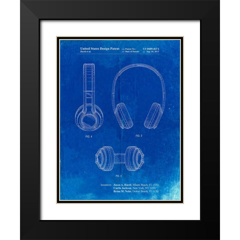 PP596-Faded Blueprint Bluetooth Headphones Patent Poster Black Modern Wood Framed Art Print with Double Matting by Borders, Cole