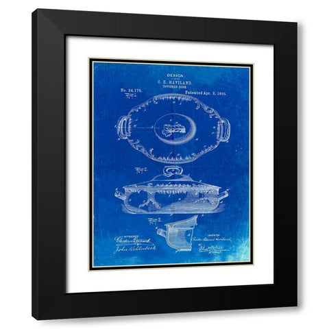 PP657-Faded Blueprint Haviland Covered Serving Dish Canvas Art Black Modern Wood Framed Art Print with Double Matting by Borders, Cole