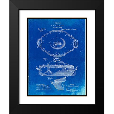 PP657-Faded Blueprint Haviland Covered Serving Dish Canvas Art Black Modern Wood Framed Art Print with Double Matting by Borders, Cole