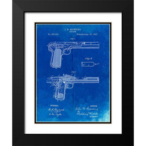 PP894-Faded Blueprint J.M. Browning Pistol Patent Poster Black Modern Wood Framed Art Print with Double Matting by Borders, Cole