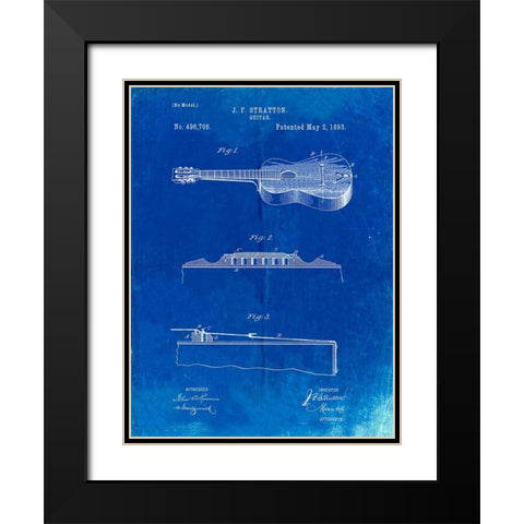 PP139- Faded Blueprint Stratton And Son Acoustic Guitar Patent Poster Black Modern Wood Framed Art Print with Double Matting by Borders, Cole