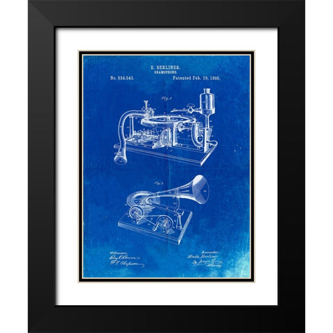 PP160- Faded Blueprint Berliner Gramophone Poster Black Modern Wood Framed Art Print with Double Matting by Borders, Cole