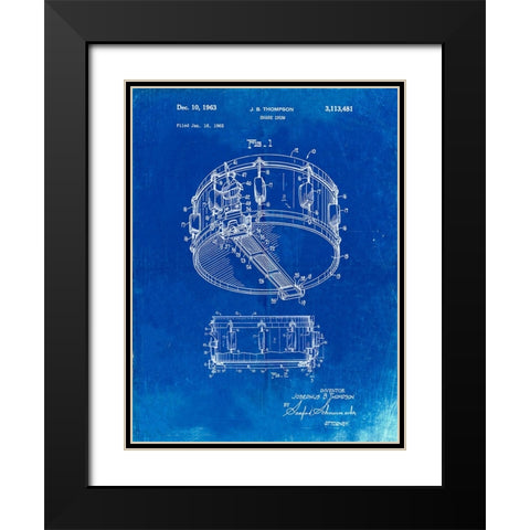 PP1018-Faded Blueprint Rogers Snare Drum Patent Poster Black Modern Wood Framed Art Print with Double Matting by Borders, Cole