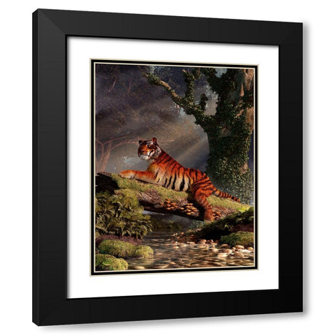 Tiger On A Log Black Modern Wood Framed Art Print with Double Matting by Eskridge, Daniel