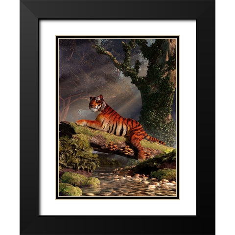 Tiger On A Log Black Modern Wood Framed Art Print with Double Matting by Eskridge, Daniel