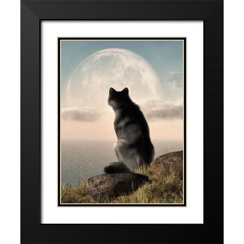 Wolf Watching The Moonrise Black Modern Wood Framed Art Print with Double Matting by Eskridge, Daniel