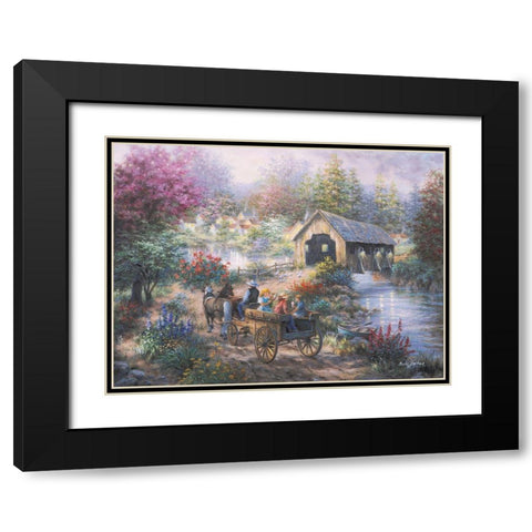 Merriment At Covered Bridge Black Modern Wood Framed Art Print with Double Matting by Boehme, Nicky