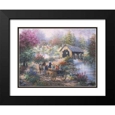 Merriment At Covered Bridge Black Modern Wood Framed Art Print with Double Matting by Boehme, Nicky