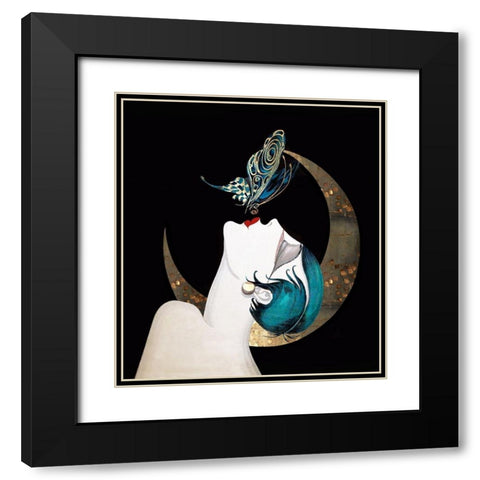 Butterfly Kiss Art Deco Woman Black Modern Wood Framed Art Print with Double Matting by Lavoie, Tina
