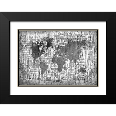 Map of the World Black and White Black Modern Wood Framed Art Print with Double Matting by Allen, Kimberly