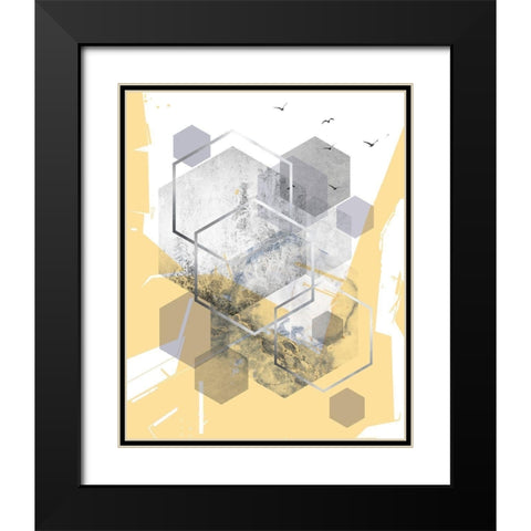 Yellow Grey Abstract Hexagons 1 Black Modern Wood Framed Art Print with Double Matting by Urban Epiphany