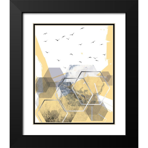 Yellow Grey Abstract Hexagons 2 Black Modern Wood Framed Art Print with Double Matting by Urban Epiphany