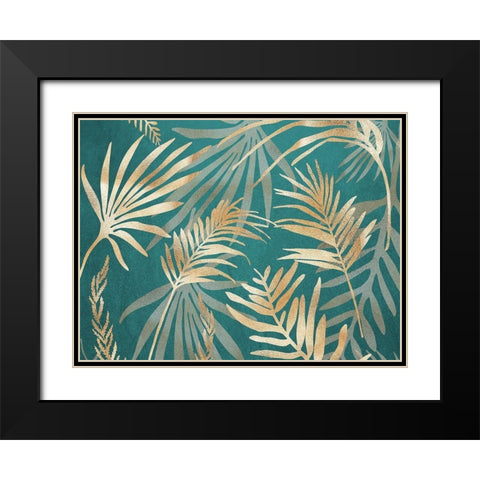 Glam Leaves Teal 1 Black Modern Wood Framed Art Print with Double Matting by Urban Epiphany