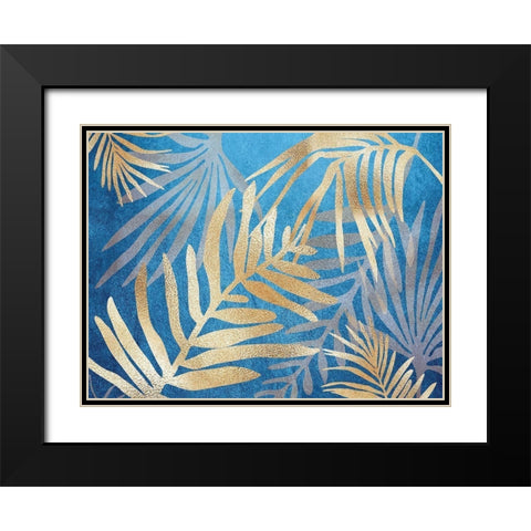 Glam Leaves Blue Black Modern Wood Framed Art Print with Double Matting by Urban Epiphany