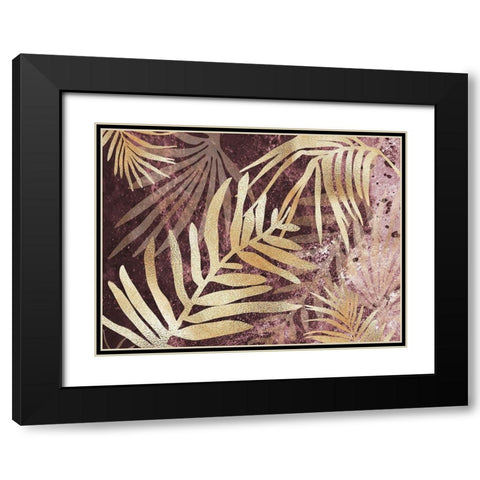 Tropical Leaves Pink Burgundy Black Modern Wood Framed Art Print with Double Matting by Urban Epiphany