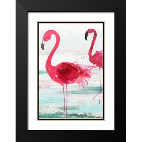 Beach Flamingoes Black Modern Wood Framed Art Print with Double Matting by Wilson, Aimee