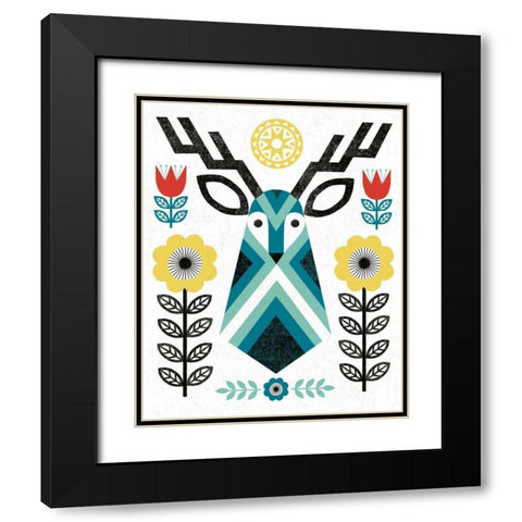 Folk Lodge Deer II V2 Teal Black Modern Wood Framed Art Print with Double Matting by Mullan, Michael