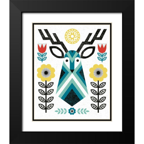 Folk Lodge Deer II V2 Teal Black Modern Wood Framed Art Print with Double Matting by Mullan, Michael