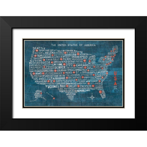 US City Map on Wood Blue Black Modern Wood Framed Art Print with Double Matting by Mullan, Michael