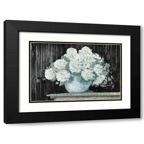 White Hydrangea on Black Crop Black Modern Wood Framed Art Print with Double Matting by Rowan, Carol