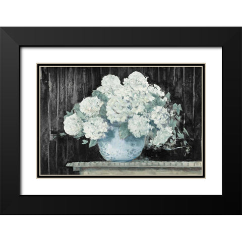 White Hydrangea on Black Crop Black Modern Wood Framed Art Print with Double Matting by Rowan, Carol