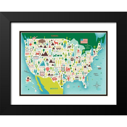 Illustrate USA waves Black Modern Wood Framed Art Print with Double Matting by Mullan, Michael