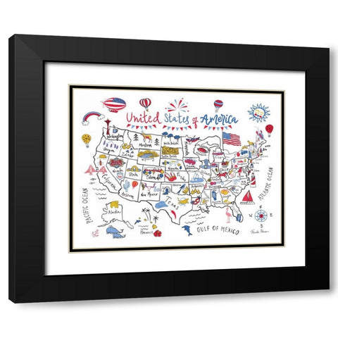 USA Map Black Modern Wood Framed Art Print with Double Matting by Zaman, Farida
