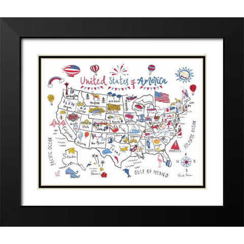 USA Map Black Modern Wood Framed Art Print with Double Matting by Zaman, Farida