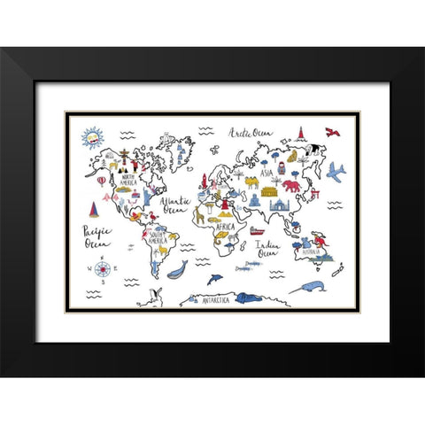 World Map Black Modern Wood Framed Art Print with Double Matting by Zaman, Farida