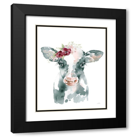 Floral Cow Black Modern Wood Framed Art Print with Double Matting by Pete, Katrina