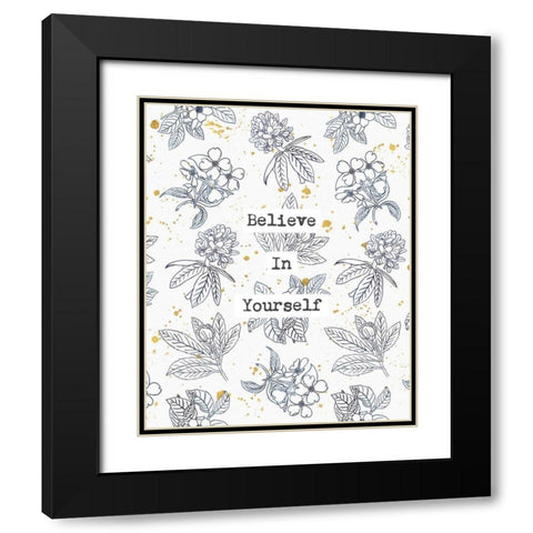 Indigo Blooms Believe Black Modern Wood Framed Art Print with Double Matting by Wild Apple Portfolio