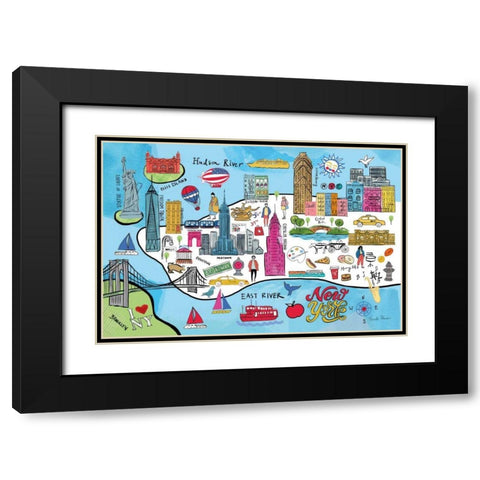 New York Map Black Modern Wood Framed Art Print with Double Matting by Zaman, Farida