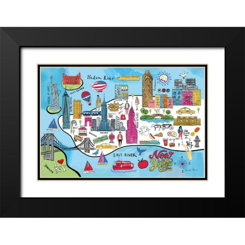 New York Map Black Modern Wood Framed Art Print with Double Matting by Zaman, Farida