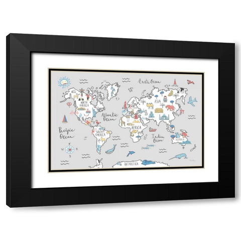 World Map Pastel Black Modern Wood Framed Art Print with Double Matting by Zaman, Farida