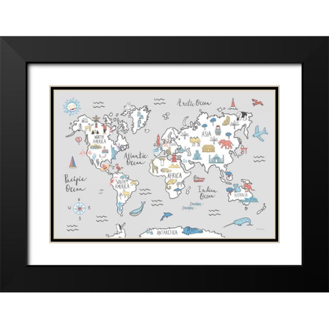 World Map Pastel Black Modern Wood Framed Art Print with Double Matting by Zaman, Farida