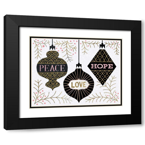 Jolly Holiday Ornaments Peace Love Joy Black Modern Wood Framed Art Print with Double Matting by Mullan, Michael